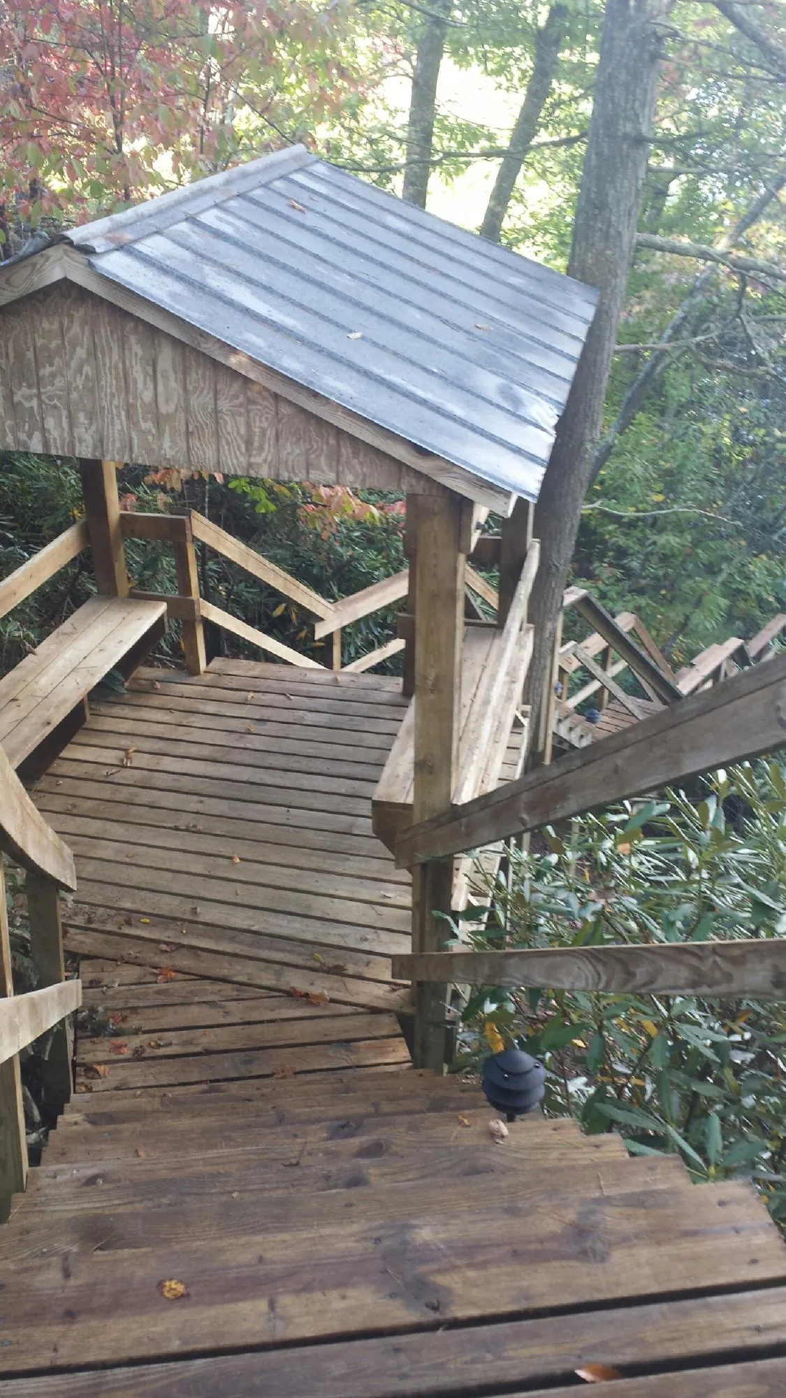 Metal roofed shelter over wooden steps on a wooded walkway — Skylight Repair & Installation work by our crew in Saraland